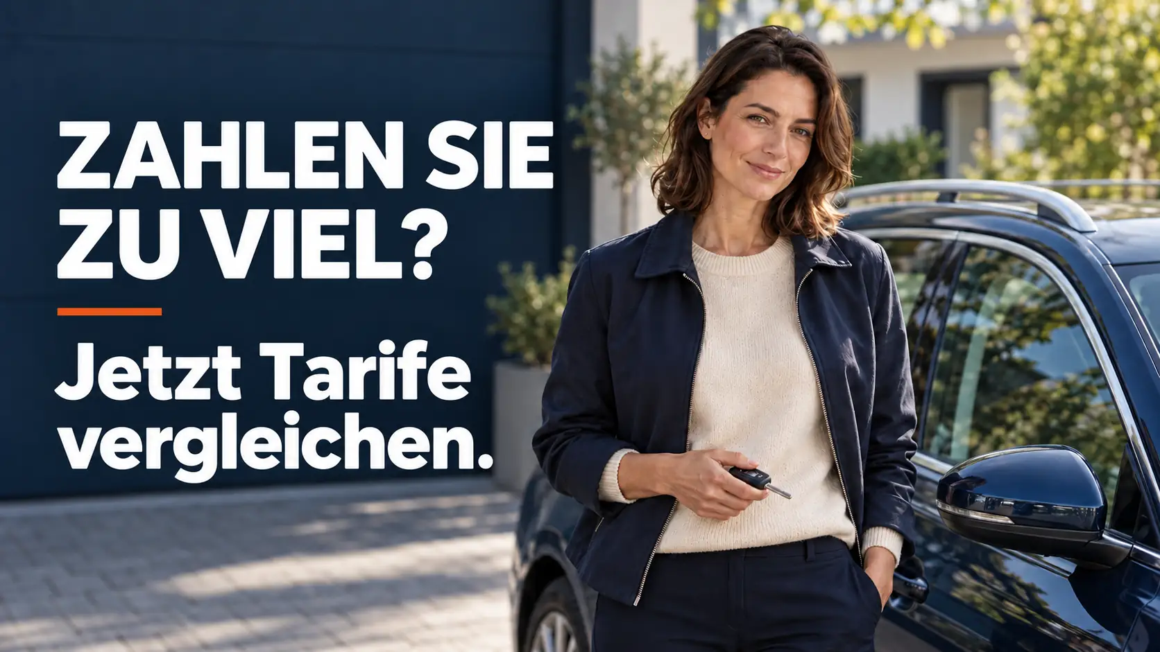 Frau mit Autoschlüssel neben einem Wagen; Bildtext fordert zum Tarifvergleich auf