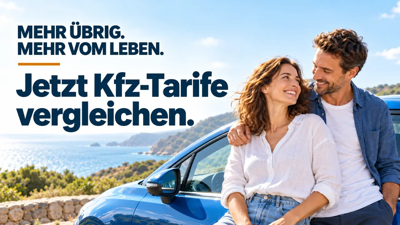 Kfz-Versicherung vergleichen: Autofahrerin mit Autoschlüssel neben ihrem Wagen. Aufschrift: „Zahlen Sie zu viel? Jetzt Tarife vergleichen.“
